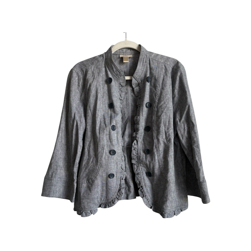 Loft Blazer Blue Chambray Jacket Open‎ Front Ruffle Linen Blend Button Detail L